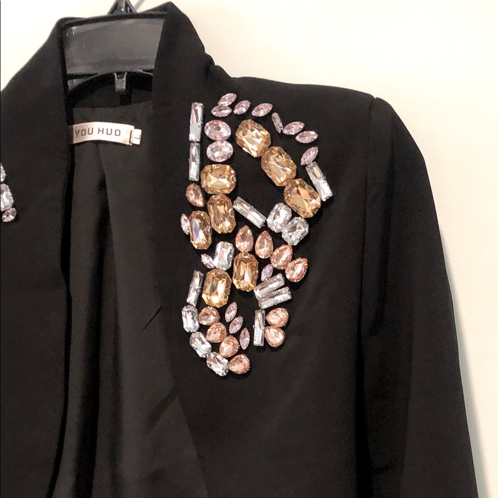 SOLD-Jeweled rhinestone beaded bolero jacket black Large
